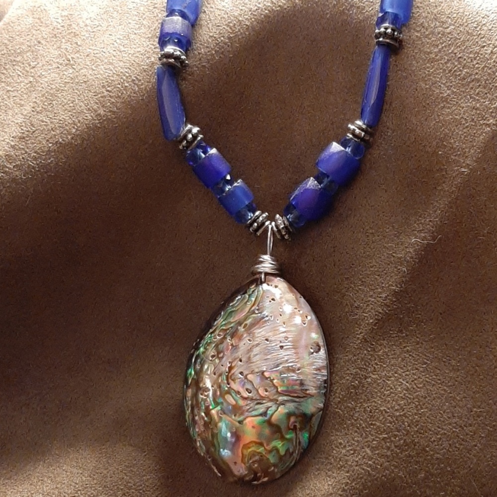 Abalone and blue Russian trade bead necklace